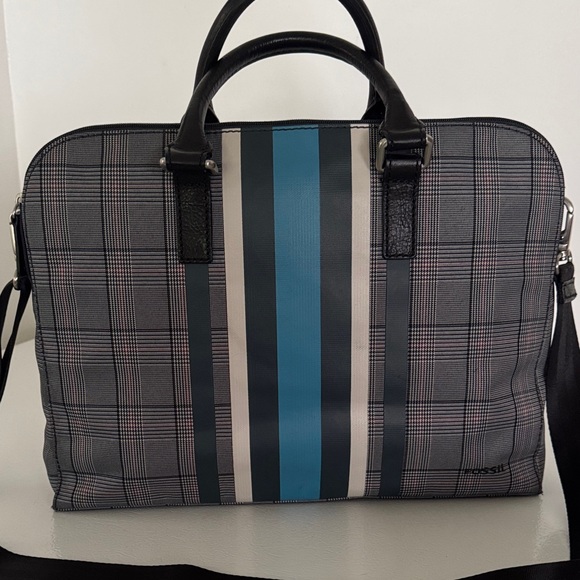 Fossil Gray Plaid Briefcase with Blue Stripe Crossbody - Picture 1 of 13